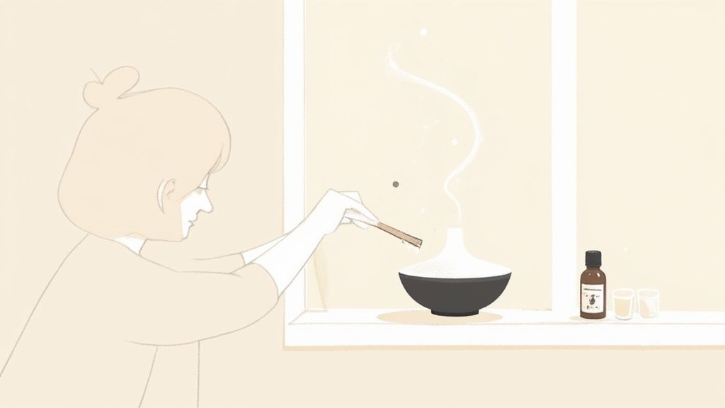 A person setting up a home fragrance diffuser on a wooden table.