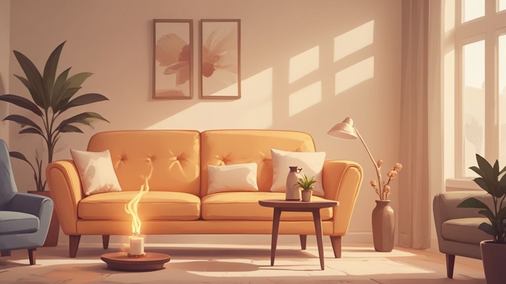 A stylish living room with a lit candle and a reed diffuser on a coffee table