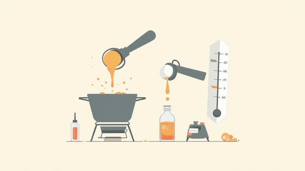 A person pouring melted wax into a candle jar with a wick.