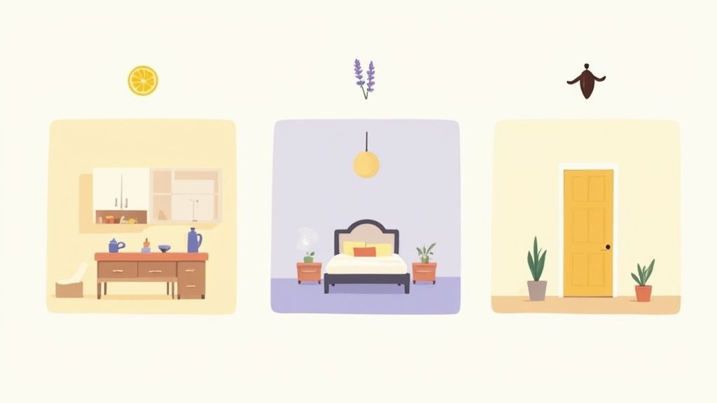 A home fragrance diffuser next to a stack of clean, white towels, creating a fresh and serene atmosphere.