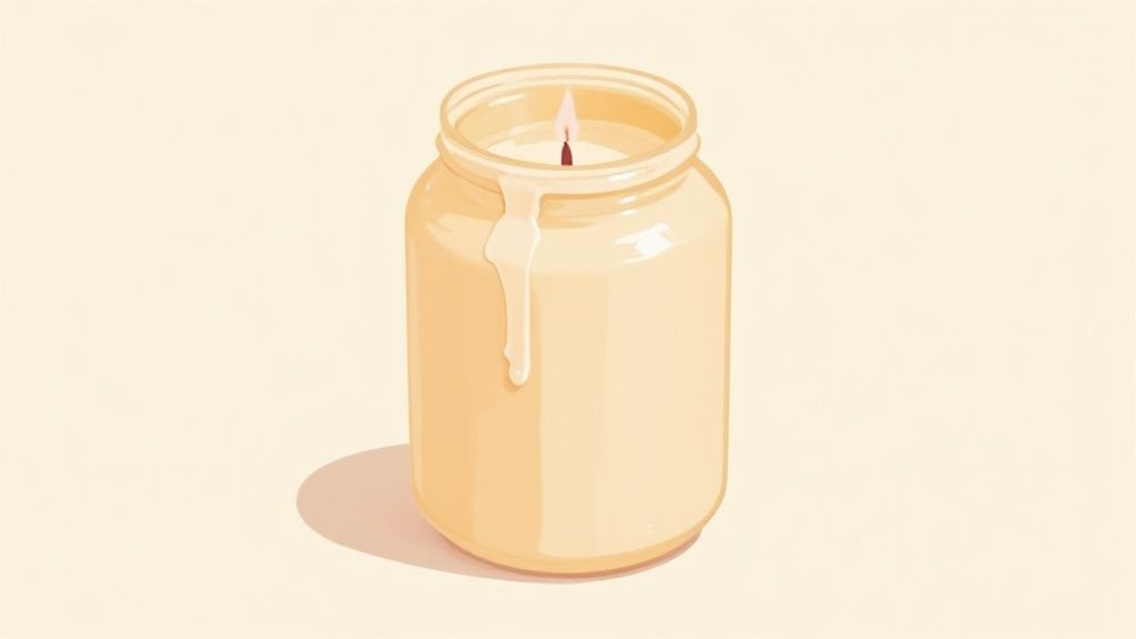 A beautifully lit soy candle burning evenly in a modern home setting.