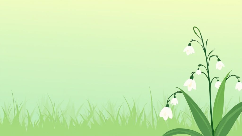 A cluster of white, bell-shaped lily of the valley flowers with vibrant green leaves.