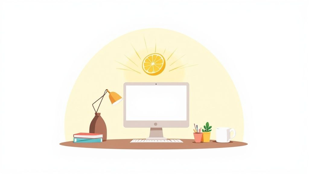 A home office with a candle burning on the desk.