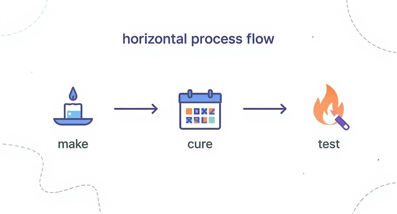 Infographic showing the candle testing process with icons for Make, Cure, and Test