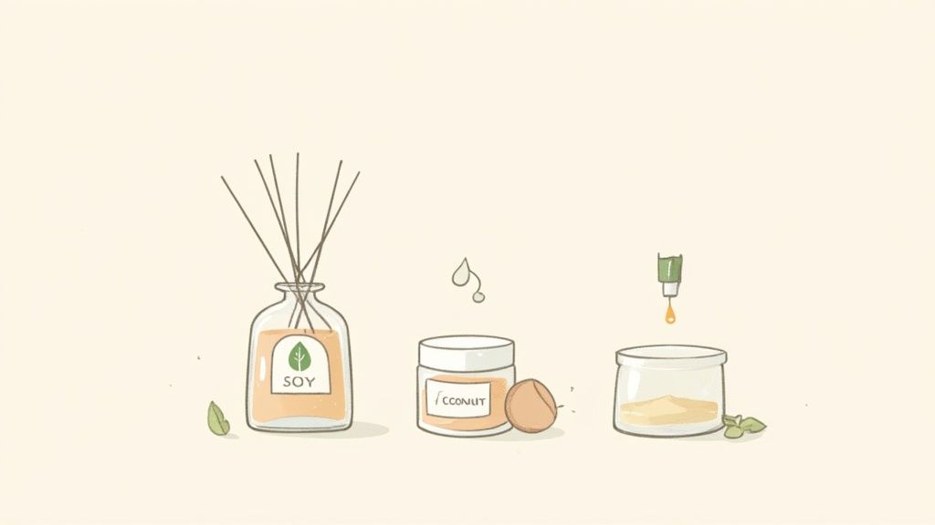 A person holding a natural soy wax candle in a recyclable glass jar.