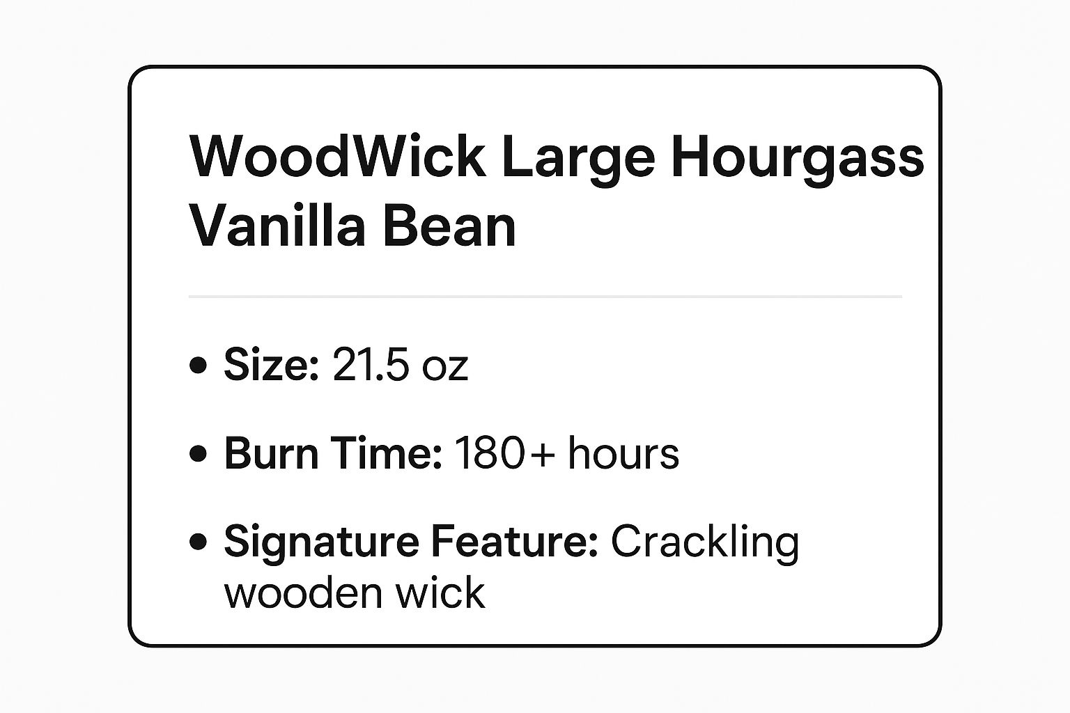 Infographic showing key data about WoodWick Large Hourglass Candle - Vanilla Bean