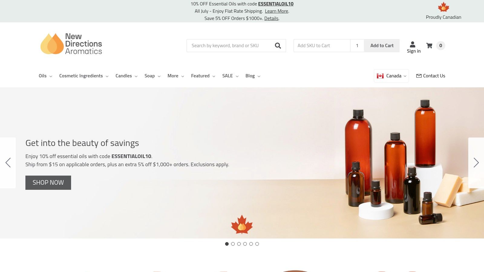 New Directions Aromatics website homepage showing a variety of essential oils and aromatherapy products.