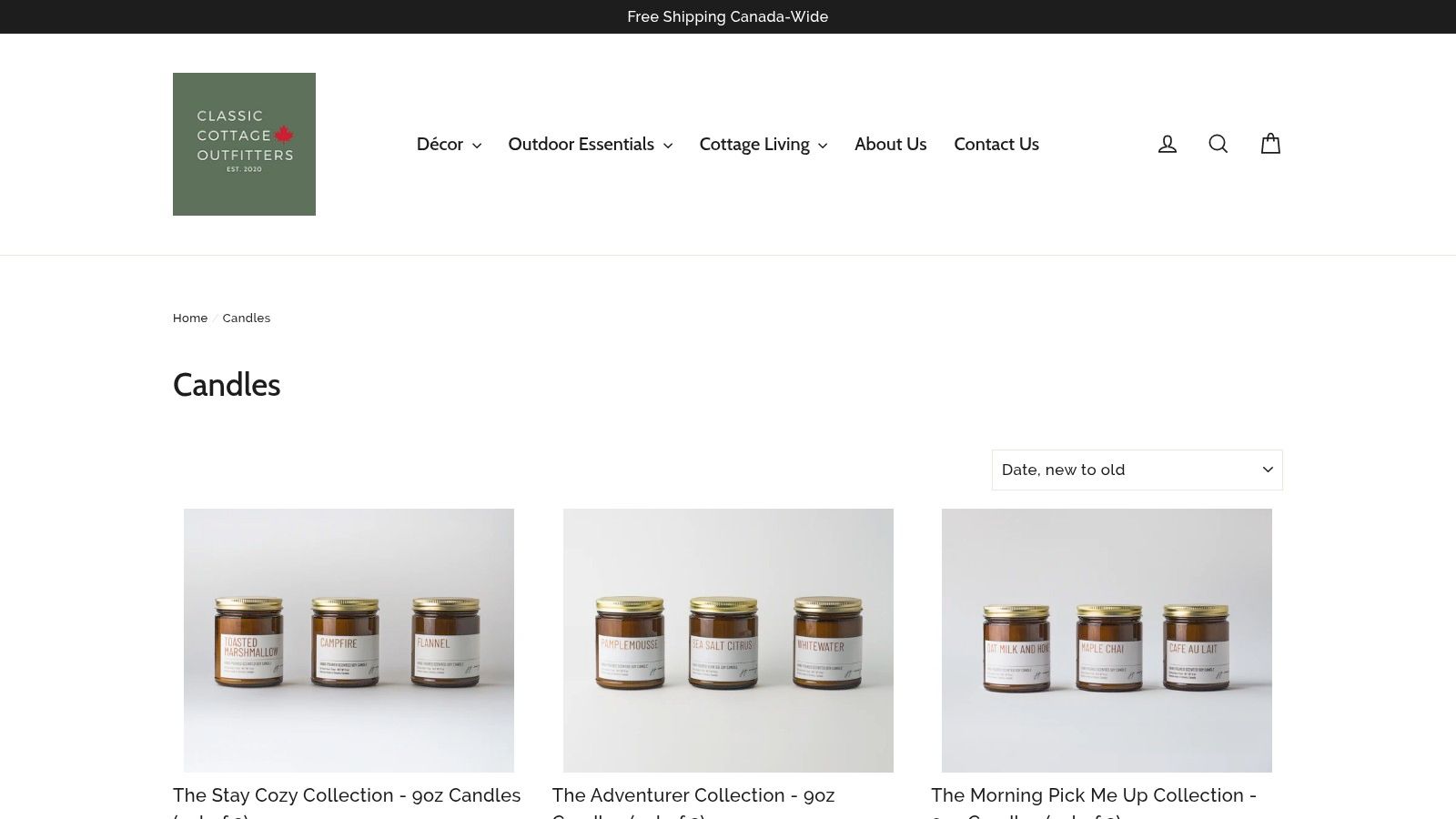 A display of the three candles from the Classic Cottage Outfitters' Calming Collection, showcasing their simple, elegant design.