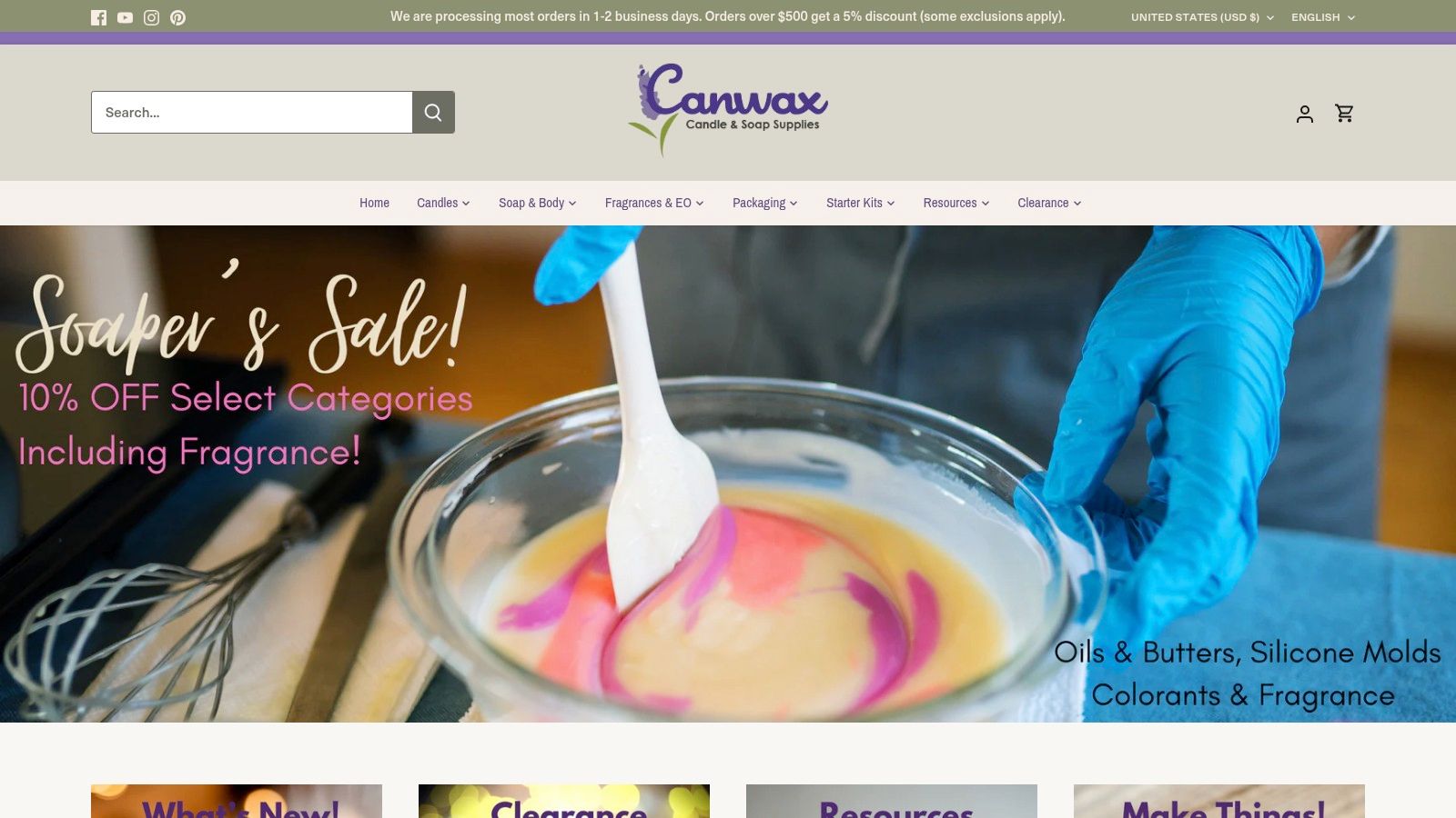 Canwax website homepage showcasing candle making supplies and various fragrance oils.