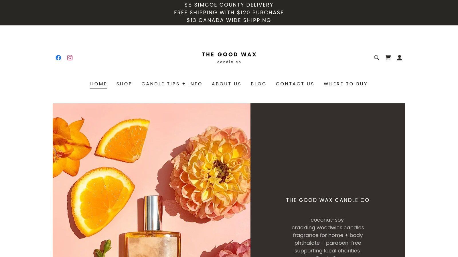 The Good Wax Candle Co. product lineup featuring various scented candles in amber jars with wooden wicks.