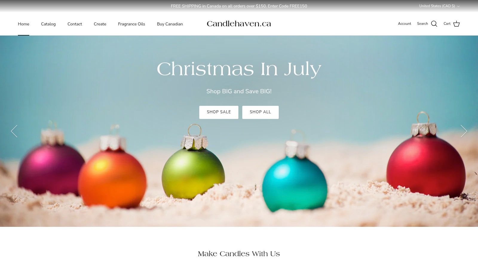 Candlehaven.ca website homepage showcasing a clean layout with featured fragrance oils and candle-making kits.