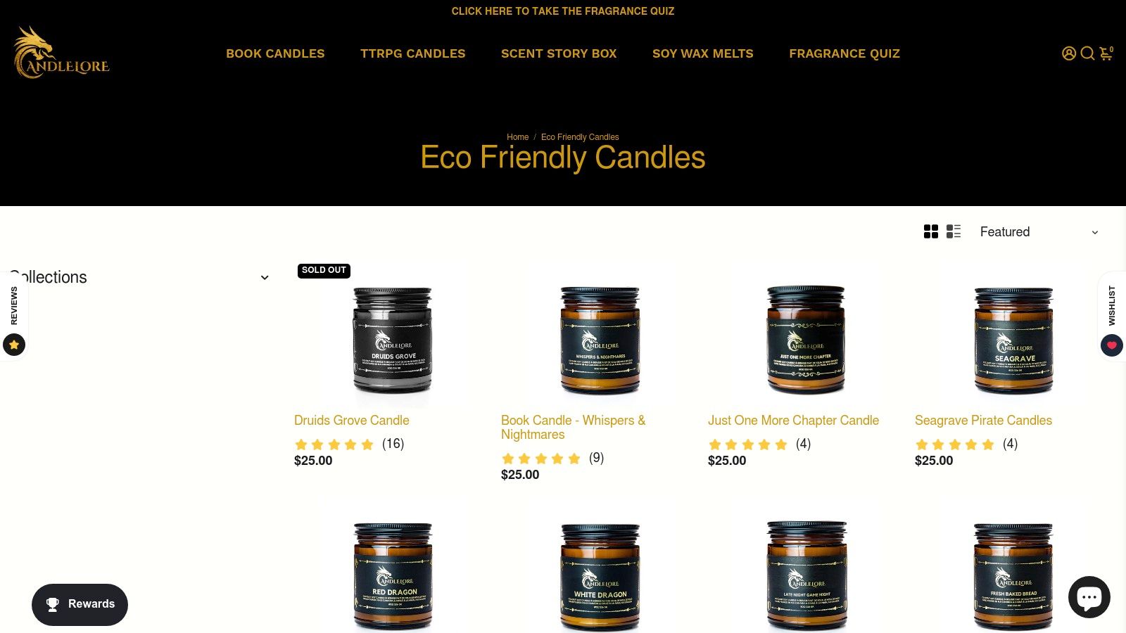 A collection of Candlelore candles in sleek black jars with minimalist labels, showcasing their modern aesthetic.