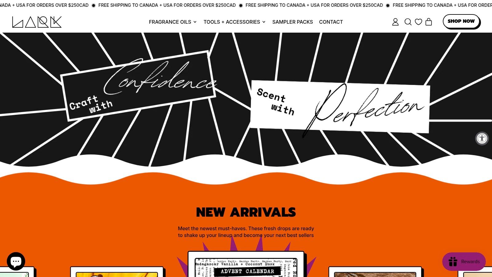 Lark Supply website homepage showing curated collections of premium fragrance and essential oils.