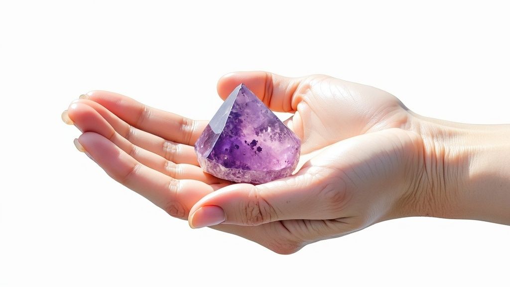 A person's cupped hands gently holding a beautiful, pointed, purple amethyst crystal against a white background.