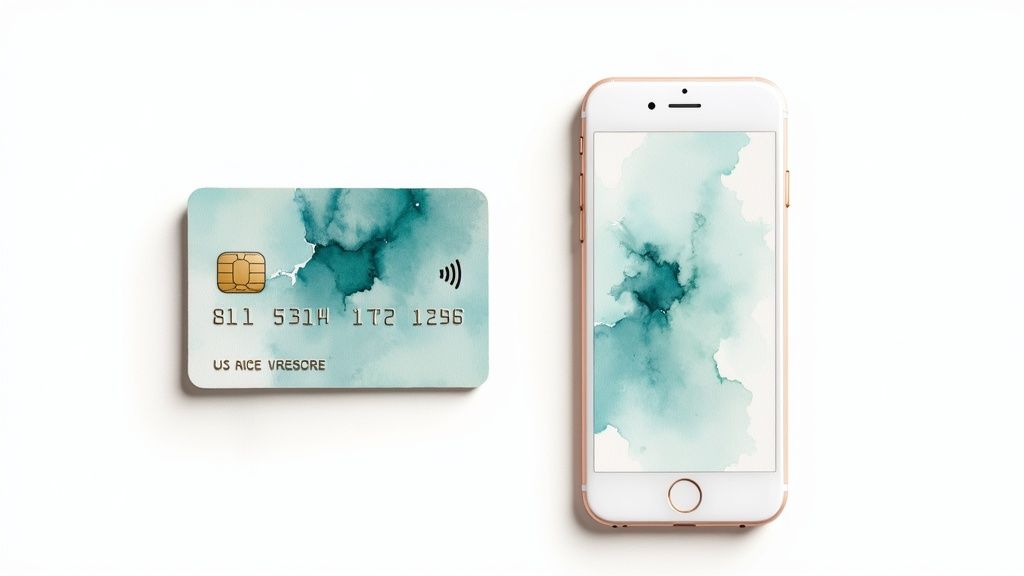 A credit card with chip and contactless symbol, beside a smartphone, both featuring matching teal watercolor designs on a white background.