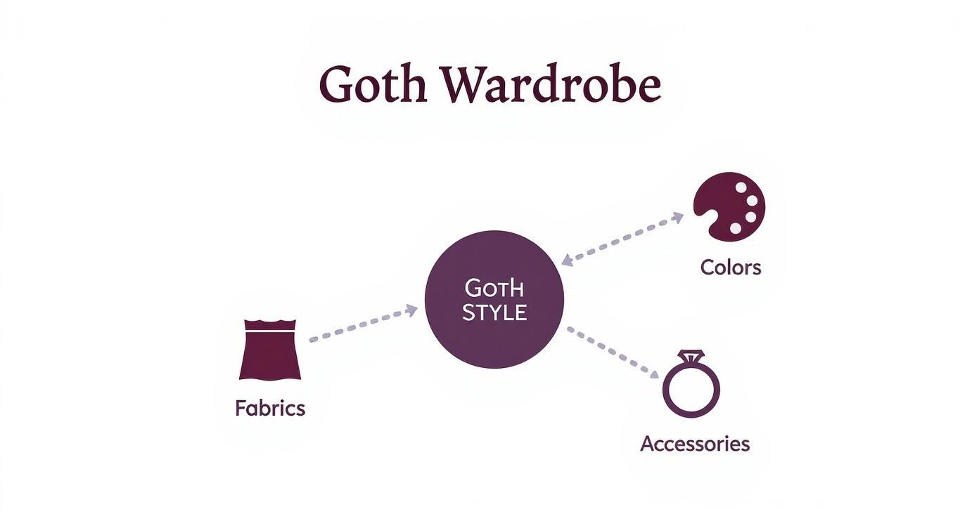 A diagram titled 'Goth Wardrobe' showing 'Goth Style' connected to Fabrics, Colors, and Accessories.