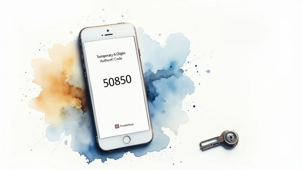 Smartphone displaying a temporary authentication code 50850 on screen, next to a small key.