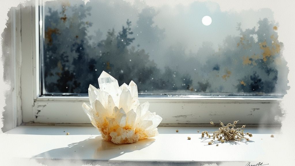 A clear quartz crystal cluster sits on a windowsill, with a soft watercolor winter scene outside.
