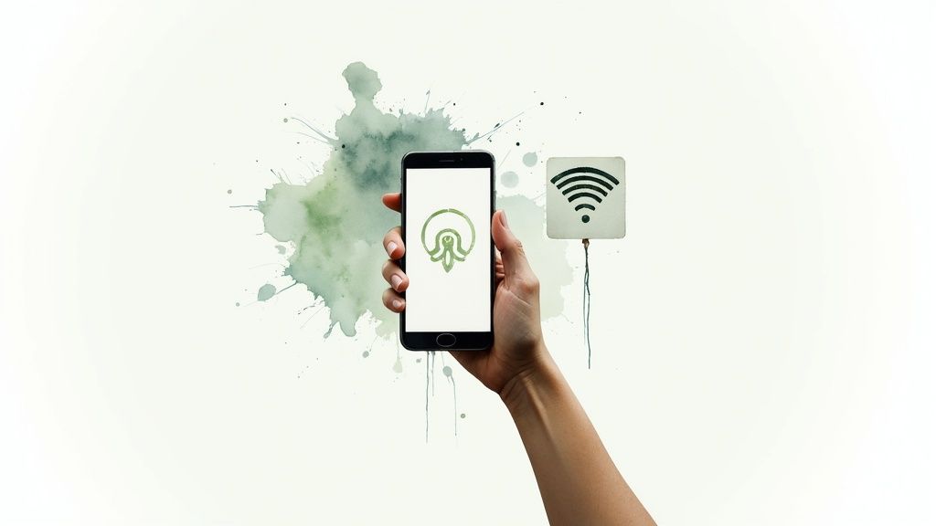 A hand holds a black smartphone displaying a green logo next to a Wi-Fi signal sign.