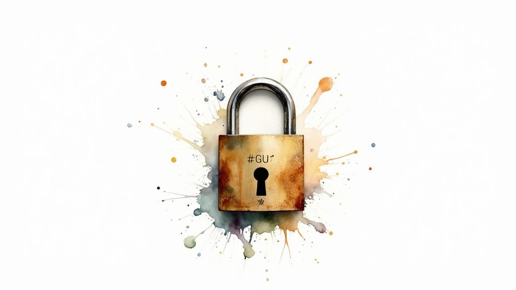 A watercolor painting of a rusty padlock with #GU? on it, surrounded by colorful paint splatters on white.