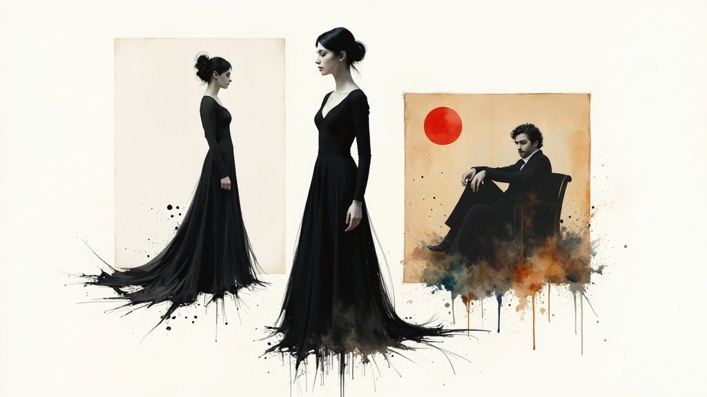 Three elegant figures, two women in black gowns and a man in a suit, emerging from dark ink splatters.