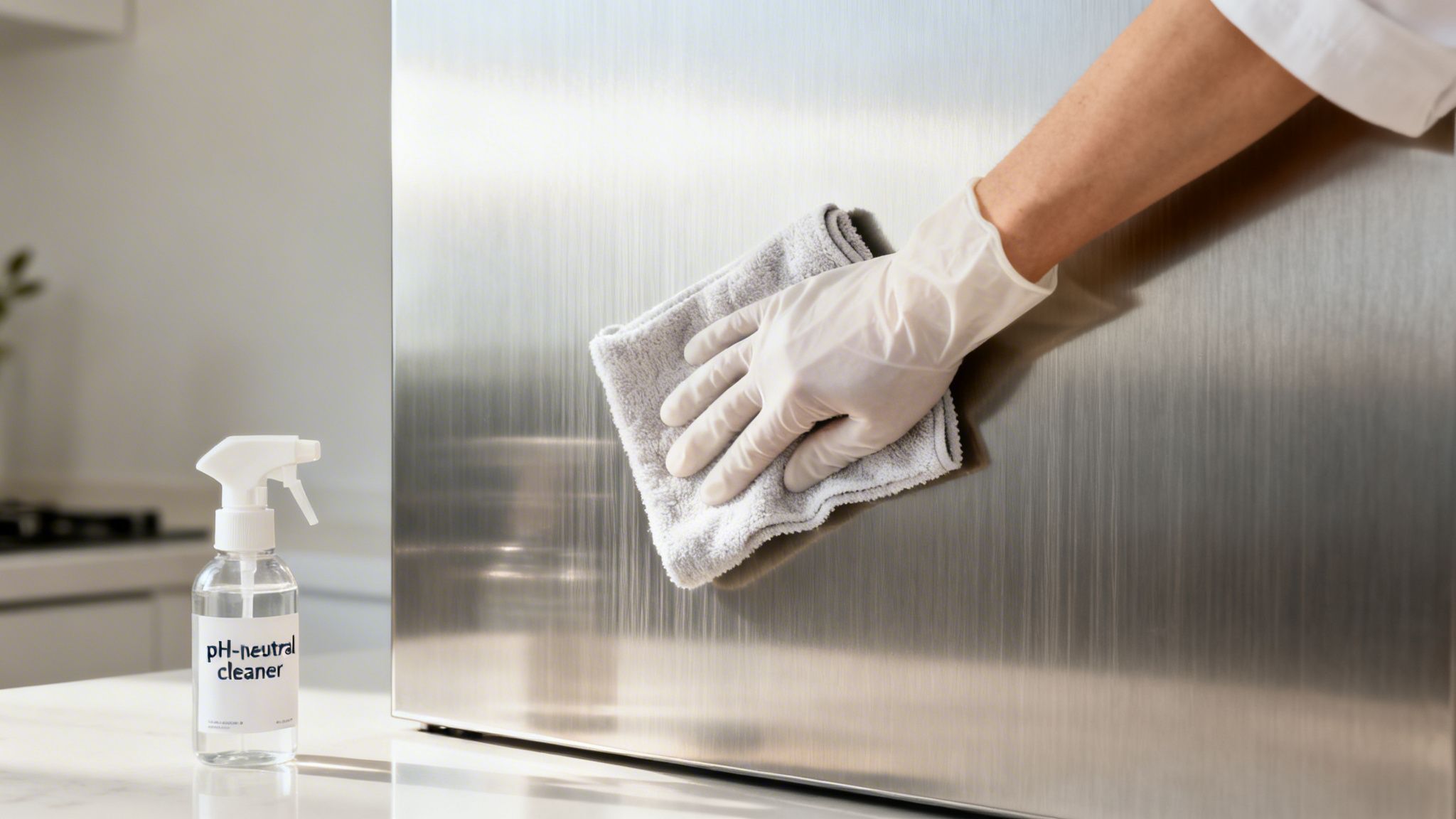 A gloved hand cleans a linished stainless steel appliance with a cloth and pH-neutral cleaner.