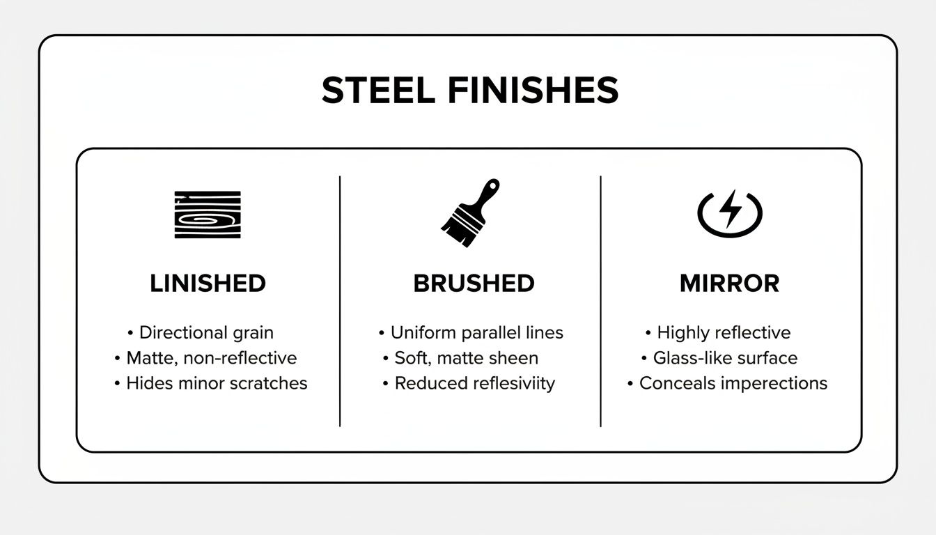 Diagram illustrating three common steel finishes: linished, brushed, and mirror, with their key characteristics.
