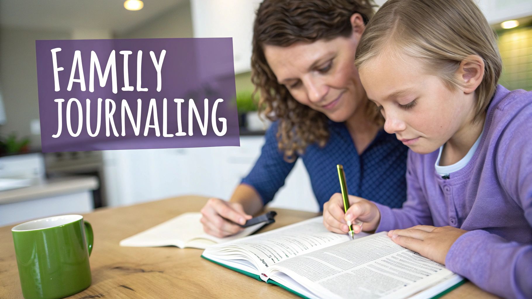 A mother and child sitting at a table, happily Bible journaling together with colorful supplies.