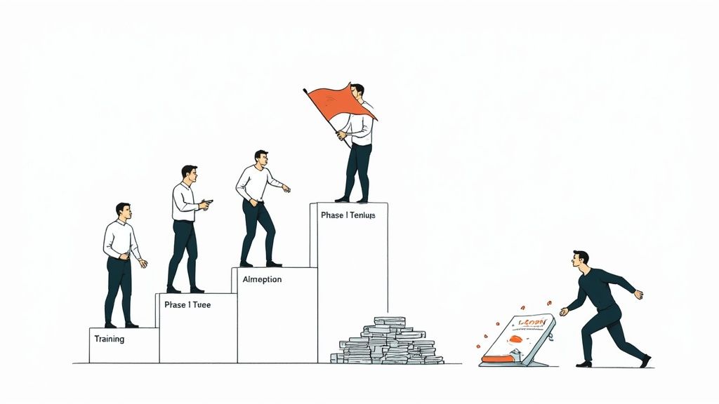 A team of people looking frustrated while trying to assemble a complicated piece of office furniture, symbolizing a difficult software implementation.
