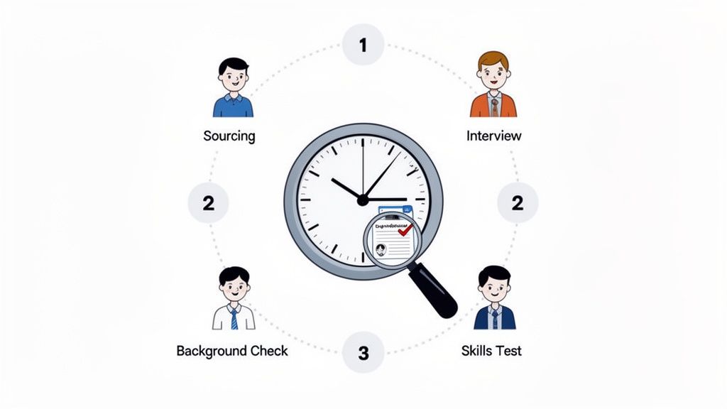 Illustration of a circular hiring process, showing steps like sourcing, interview, skills test, and background check, centered around a clock.