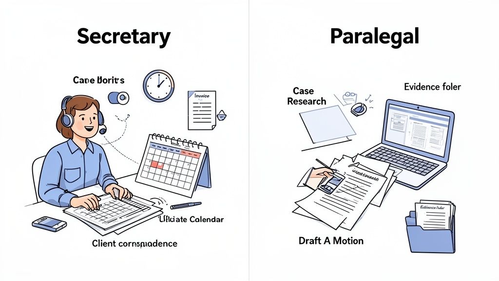 Illustration comparing the daily tasks and responsibilities of a legal secretary and a paralegal.