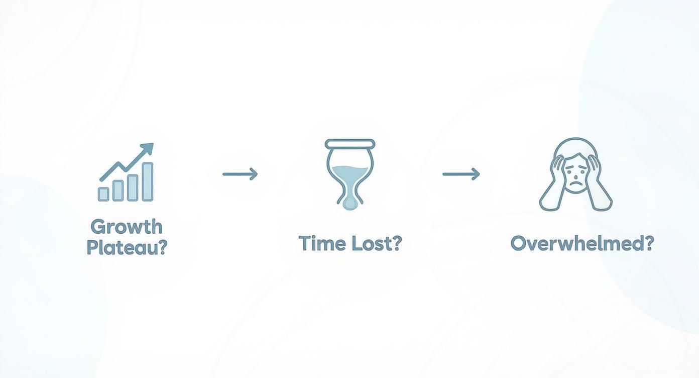 Icons illustrating challenges: a growth plateau, time lost (hourglass), and feeling overwhelmed (person).