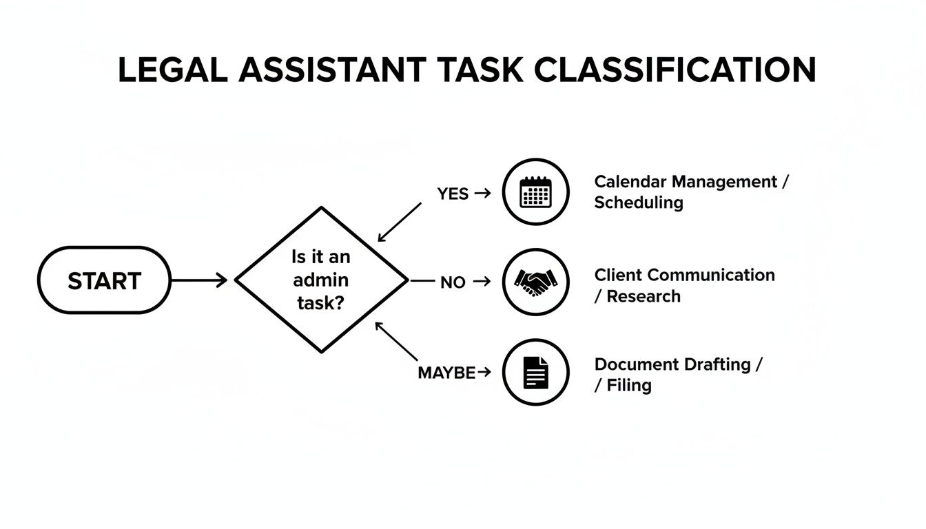 Flowchart illustrating legal assistant task classification, categorizing duties into administration, client communication, and document work.