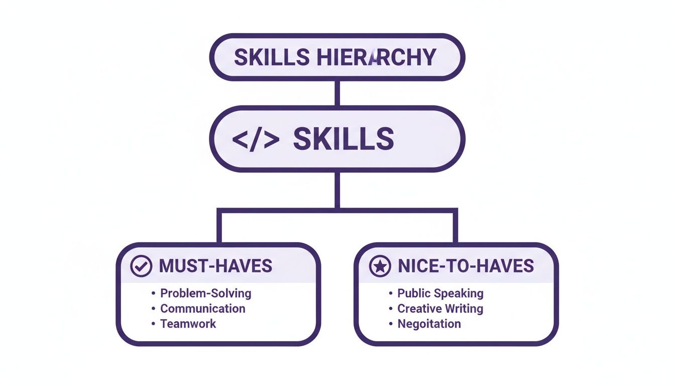 Skills hierarchy flowchart categorizing must-have skills like problem-solving and nice-to-have skills like public speaking.