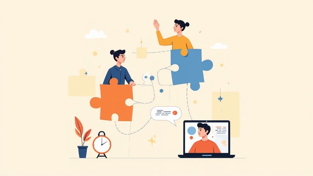 Several professionals on a video call, displayed on a laptop screen amidst a modern office setting.