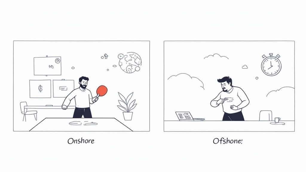 An illustration contrasting 'Onshore' and 'Offshore' work environments, one relaxed and the other stressful.
