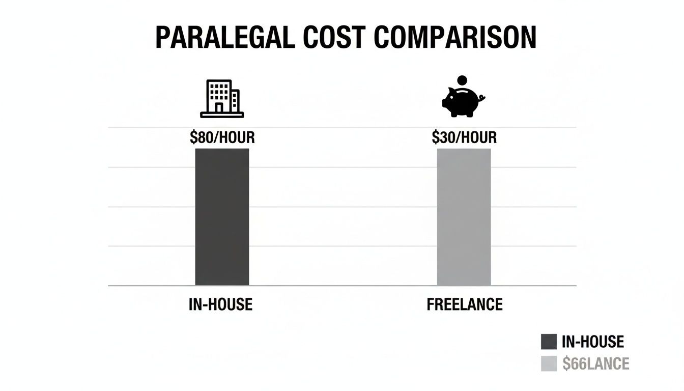 Bar chart comparing paralegal costs per hour: In-House at $80 and Freelance at $30, showing significant savings.