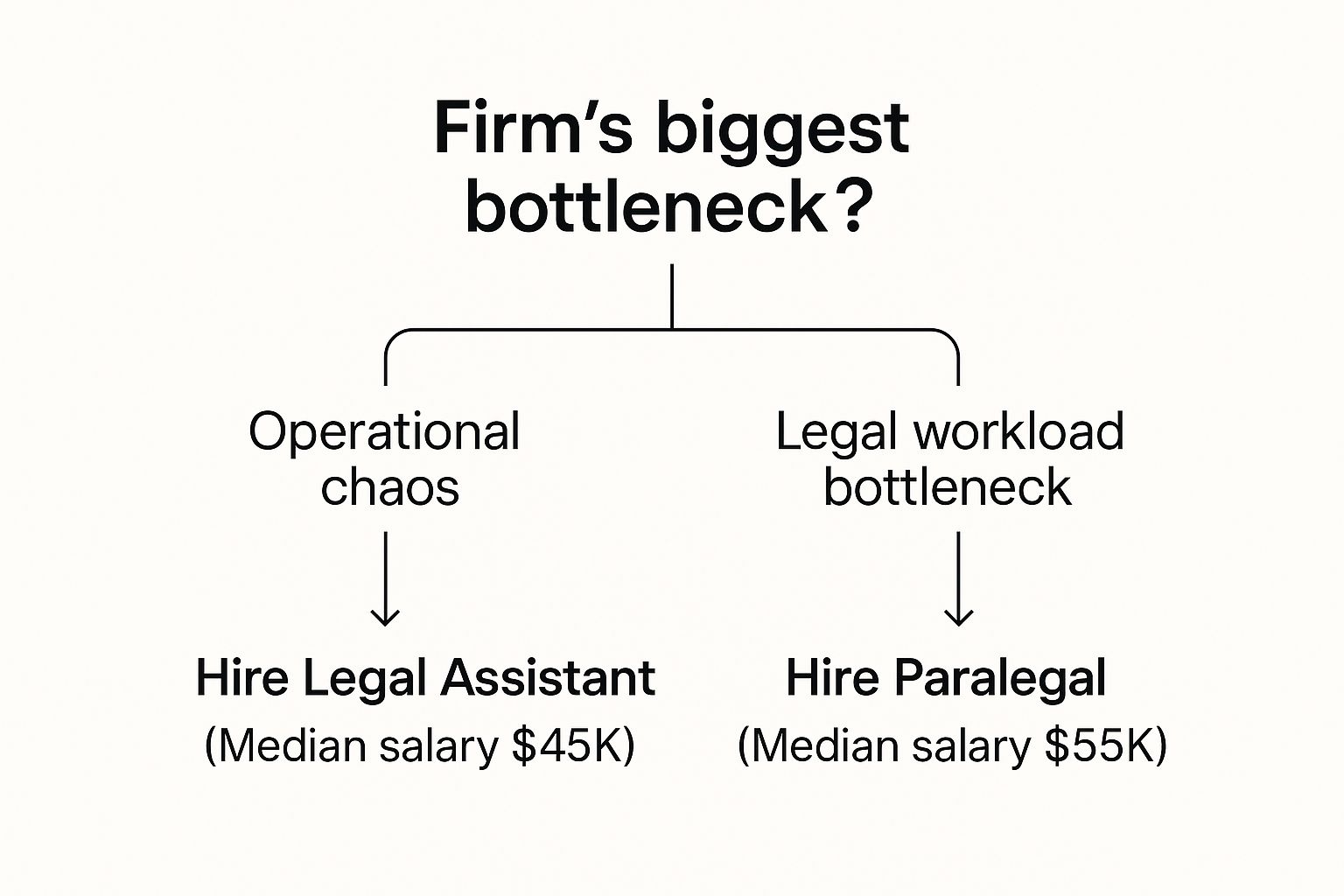 Infographic decision tree showing that operational chaos leads to hiring a legal assistant, while a legal workload bottleneck leads to hiring a paralegal.