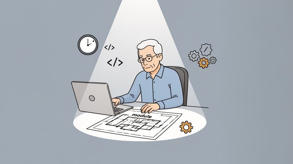 An older male developer works on a laptop, with a 'module' blueprint and code symbols.