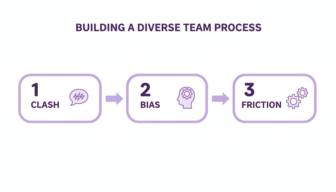 Diagram illustrating challenges in building a diverse team, showing steps like clash, bias, and friction.