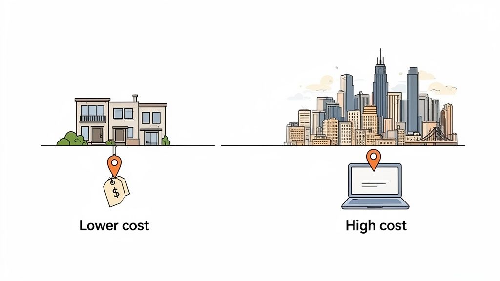 Illustration comparing lower cost housing with a price tag to higher cost city living and remote work.