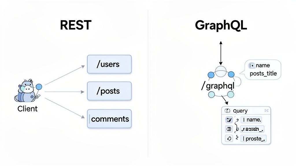 Diagram comparing REST and GraphQL API architectures, illustrating multiple REST endpoints versus single GraphQL query.