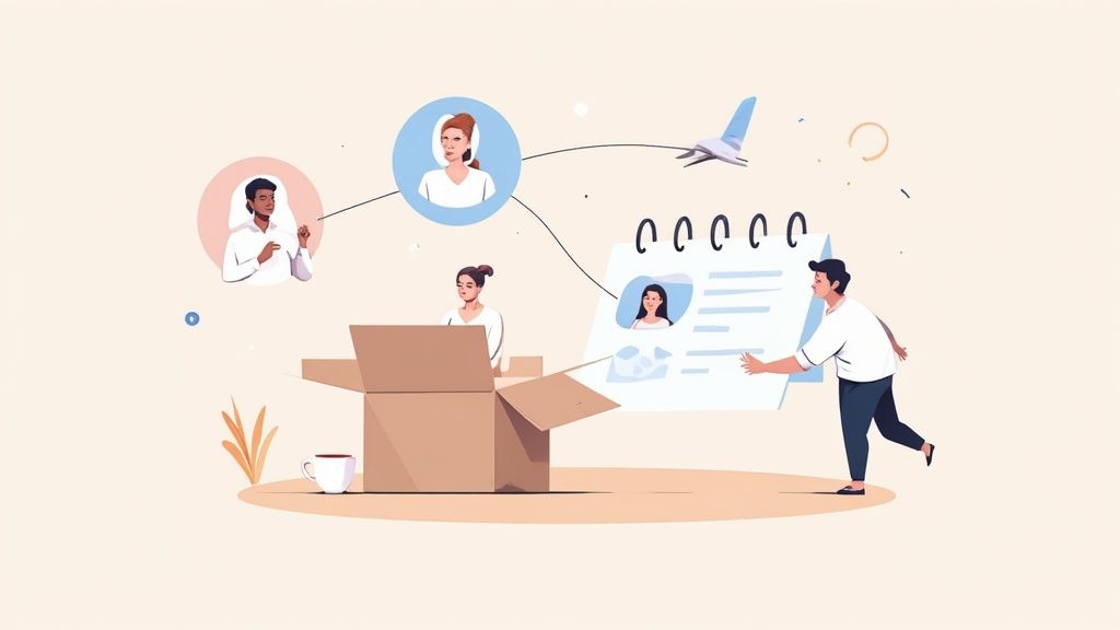 A remote developer unboxing a new laptop and company swag at their home office, looking excited.