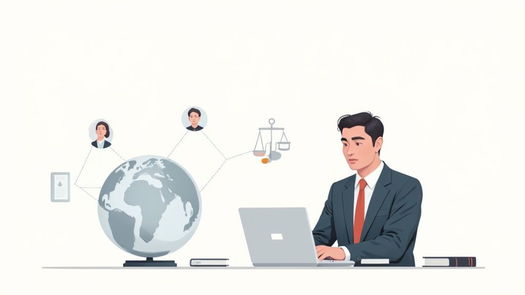Professional businessman working on laptop with global network connections and legal symbols illustration