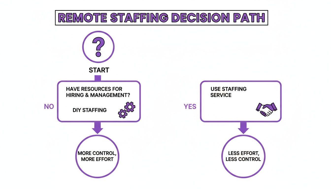 A flowchart for remote staffing, guiding decisions based on available hiring and management resources.