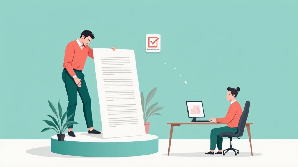 Two men processing a long document digitally, one holding it, the other on a computer.