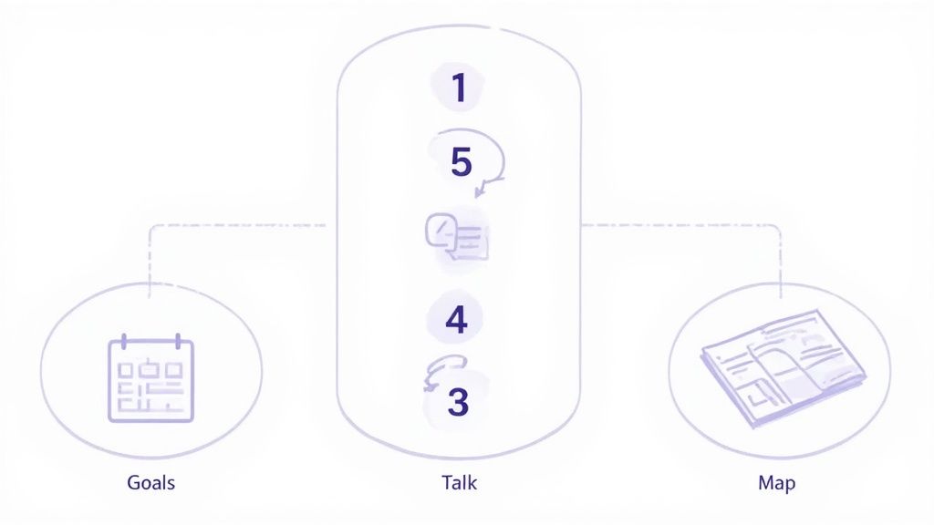 Diagram showing a five-step communication process ('Talk') with 'Goals' and 'Map' connections.
