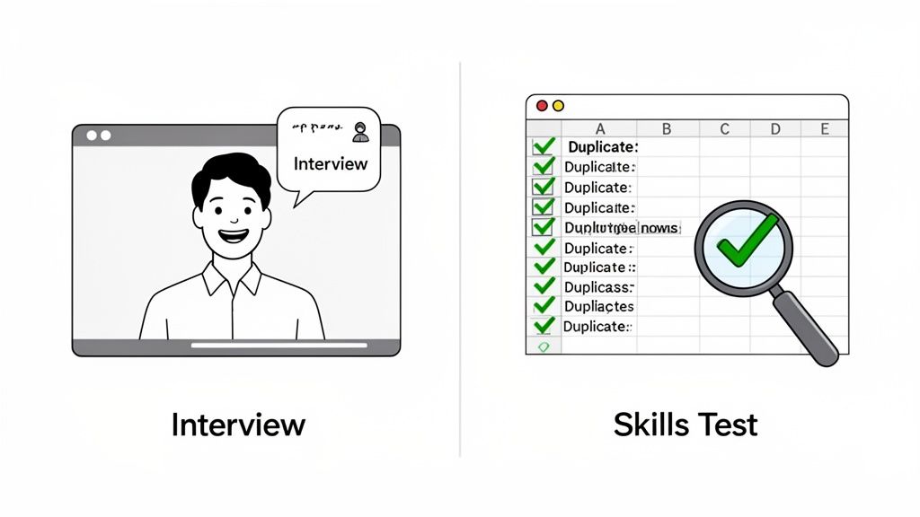 An illustration comparing an online video interview with a skills test displayed on a spreadsheet.