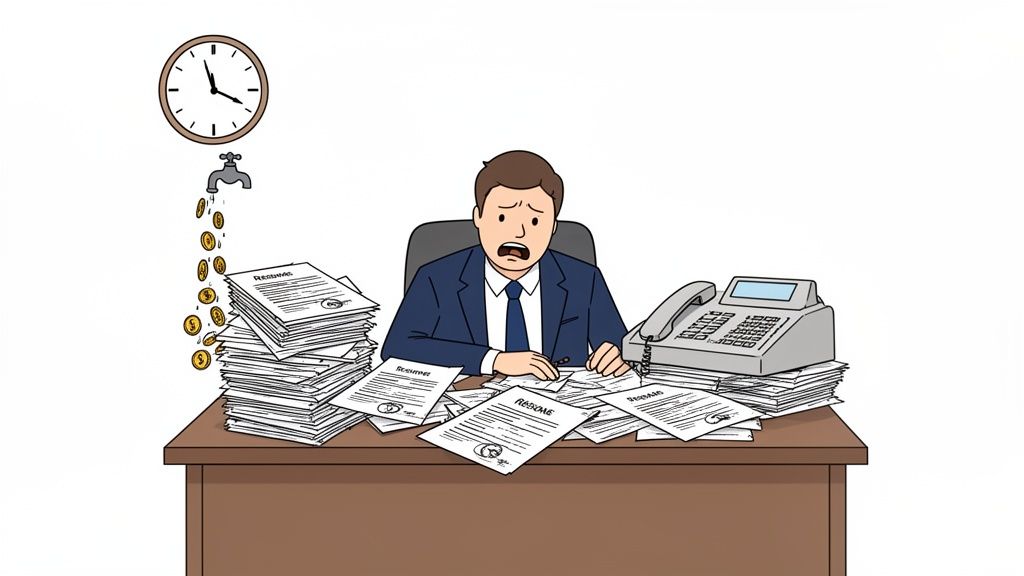 A stressed man sits at a desk overflowing with resumes, with a clock and money dripping.