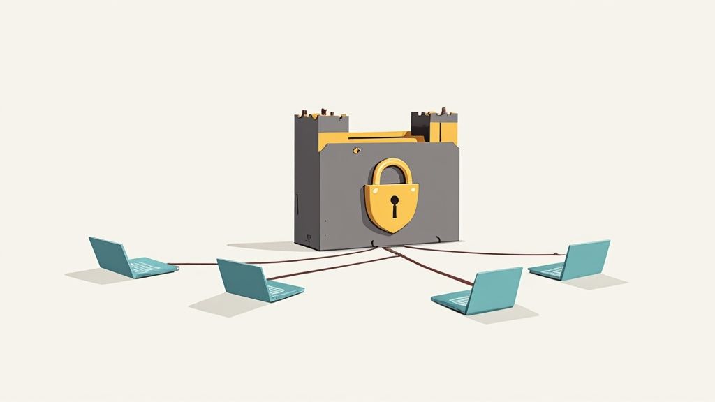 Illustration of laptops connected to secure fortress with padlock representing protected online network security